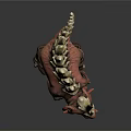 Red Mythical Creature Sculpture With White Bony Spikes And Open Mouth