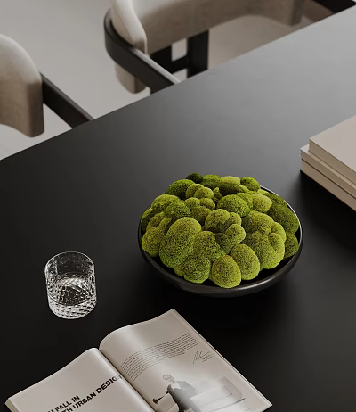 Decorative Ornament Set With Green Moss Plants In Black Bowl And Glass Cup On Tabletop 3d model