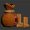 Open Orange Treasure Bag With Red Cross Design Spilled Gold Coins And Stacked Gold Blocks