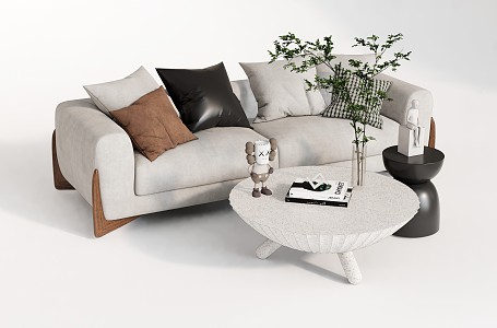 Modern Double Sofa Coffee Table Combination Multi-person Sofa Leisure Sofa Plant Vase Decoration Coffee Table Side Table Low Table Pillow 3d model