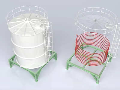 Industrial Storage Tanks With White Body Red Spiral Pipes And Green Support Frames 3d model