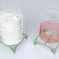 Industrial Storage Tanks With White Body Red Spiral Pipes And Green Support Frames