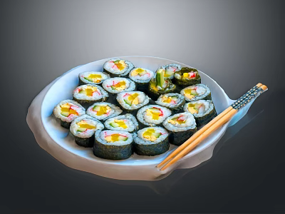 Assorted Fresh Sushi Rolls Served On White Ceramic Plate With Chopsticks 3d model