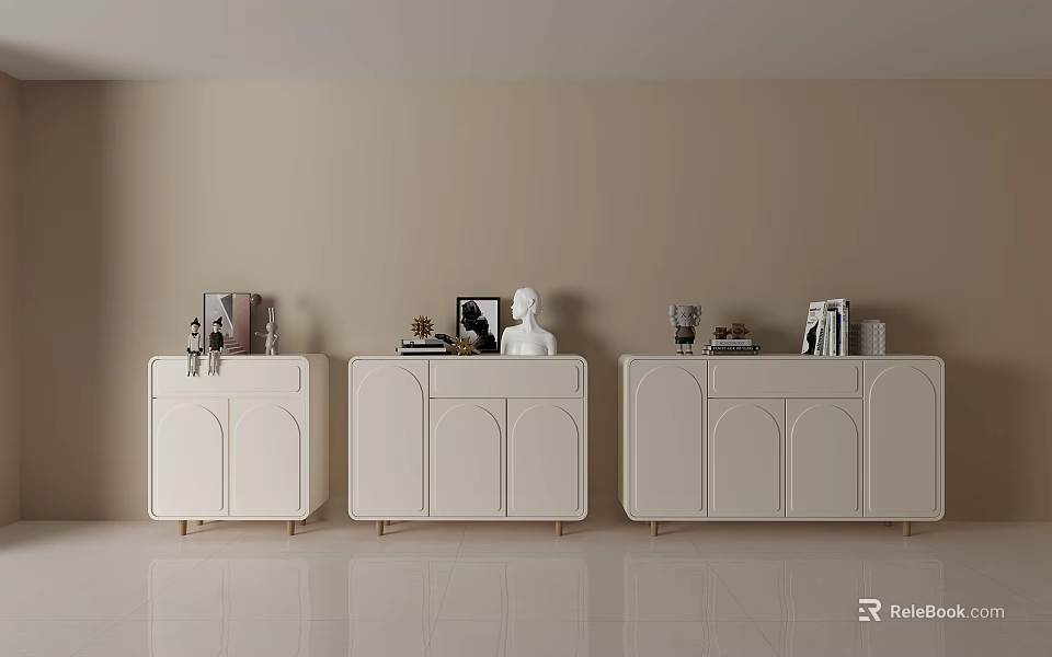 Three Modern White Dressers In Minimalist Interior With Arched Doors And Decor Items 3d model 