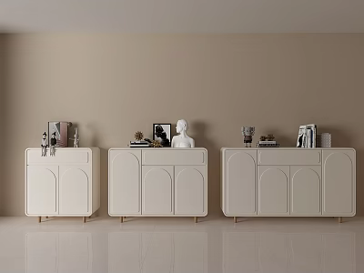 Three Modern White Dressers In Minimalist Interior With Arched Doors And Decor Items 3d model