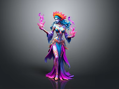 Blue Skinned Woman With Flame Headdress Holding Colorful Flames In Flowing Ornate Robe 3d model