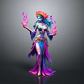 Blue Skinned Woman With Flame Headdress Holding Colorful Flames In Flowing Ornate Robe