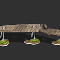 Wooden Pergola Structure With Support Columns And Circular Bases With Green Plants