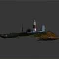 Lighthouse On Small Island With Red White Stripes Green Grass Rocky Shore And Small Buildings