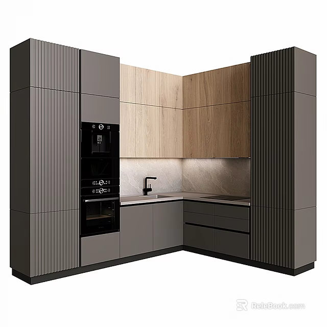 Modern Kitchen Interior With Gray And Wooden Cabinets Built-in Appliances And Stone Countertop 3d model 