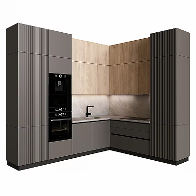 Modern Kitchen Interior With Gray And Wooden Cabinets Built-in Appliances And Stone Countertop 3d model