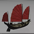 Traditional Chinese Junk Boat With Red Sails Black Hull And Wooden Deck