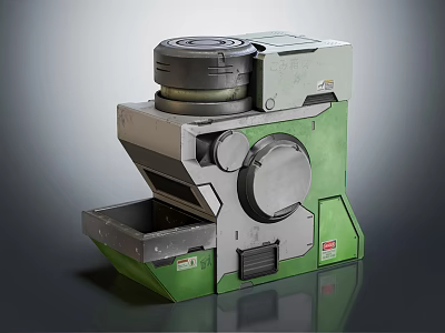 Industrial Mechanical Device Featuring Green Gray Metal Shell Circular Components And Tray Compartment 3d model