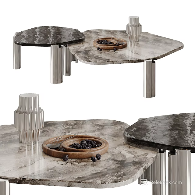 Modern Coffee Table with Marble Surface Metal Legs Featuring Wooden Tray and Black Berries 3d model 