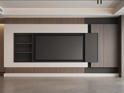 Modern Living Dining Room Interior With Wooden TV Wall And Built In Shelves 3d model