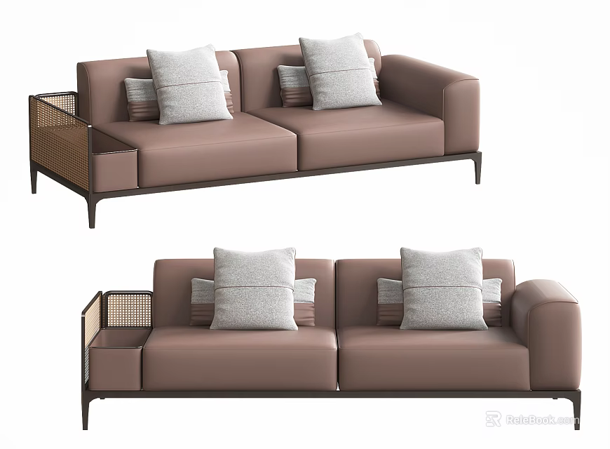Modern Taupe Two Seater Sofa With Soft Pillows Woven Side Panels And Metal Legs 3d model 