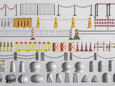 Stone and Wood Traffic Safety Barriers Collection with Bollards Railings Cones and Bollard Types 3d model
