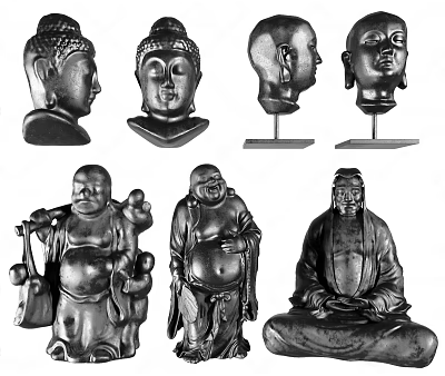 Traditional Artistic Buddha Sculptures Head Carvings And Laughing Buddha Figures With Various Poses 3d model