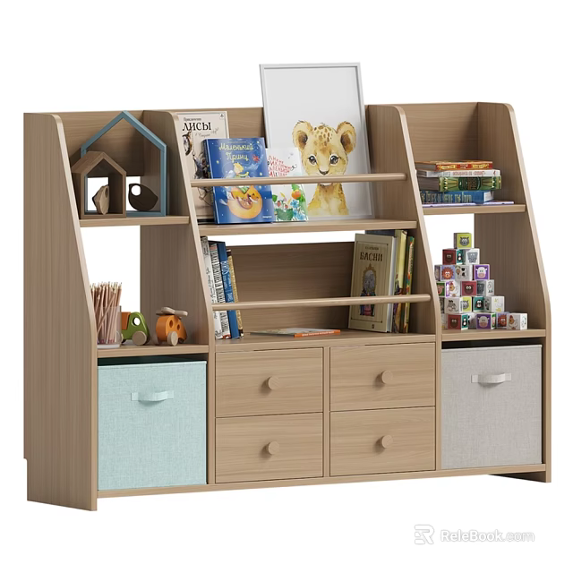 Kids Bed With Bookshelf Storage Drawers And Bins For Children's Room Toys And Books 3d model 