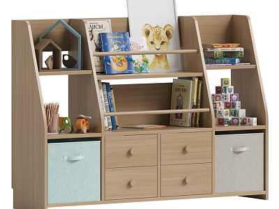 Kids Bed With Bookshelf Storage Drawers And Bins For Children's Room Toys And Books 3d model