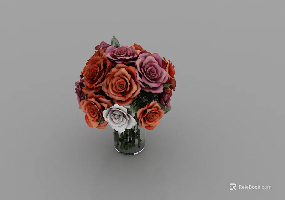 Glass Vase With Vibrant Orange Pink And White Roses Bouquet 3d model 