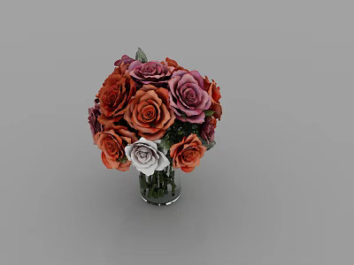 Glass Vase With Vibrant Orange Pink And White Roses Bouquet 3d model