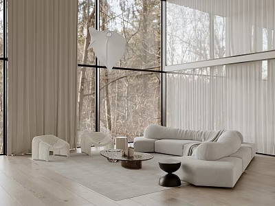 Modern Living Room Interior Design With Large Windows Forest View Light Sofa And White Chairs 3d model