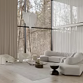 Modern Living Room Interior Design With Large Windows Forest View Light Sofa And White Chairs