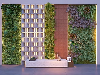 TV Background Wall Featuring Vertical Plant Decor Lit Grid Design and Brown Panel 3d model