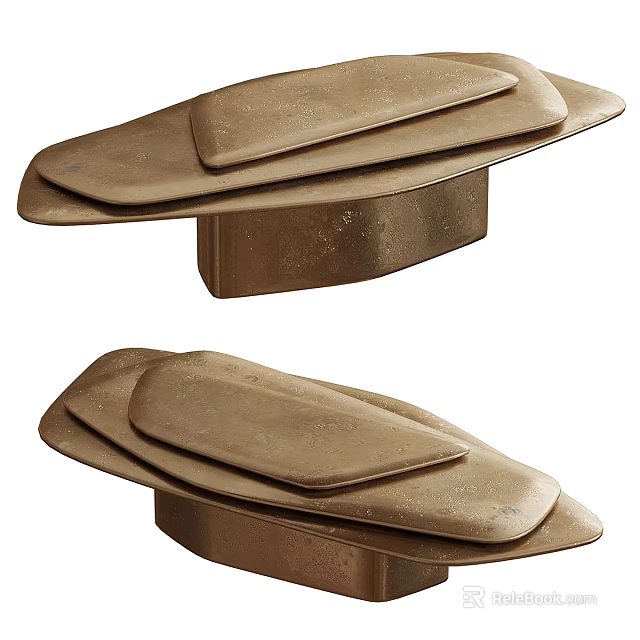 Modern Coffee Table With Layered Stone Surface And Bronze Base Design 3d model 