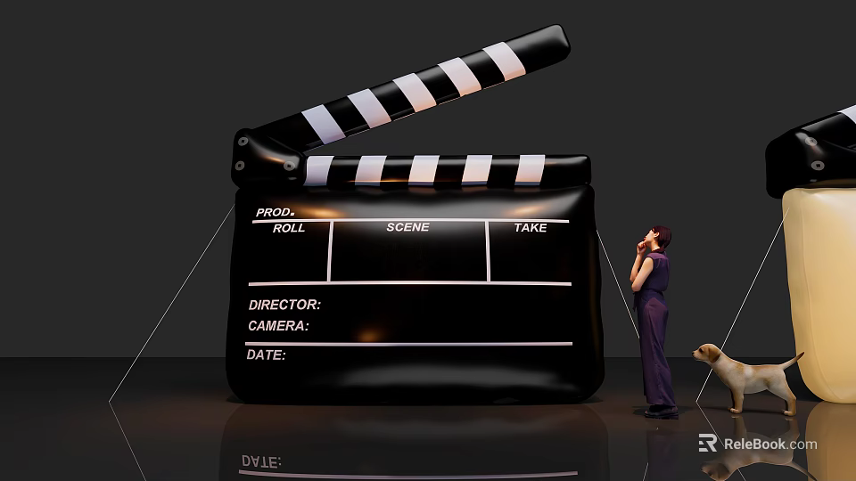 Art Installation Featuring Giant Clapperboard Miniature Figure And Dog Design Elements 3d model 