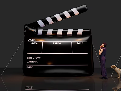 Art Installation Featuring Giant Clapperboard Miniature Figure And Dog Design Elements 3d model