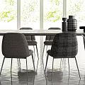 Modern Dining Table Set With Upholstered Chairs And Decorative Vases By Large Windows 3d model