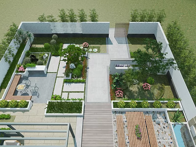 Modern Garden Landscape Design With Lush Trees Stone Pathway And Seating Area 3d model