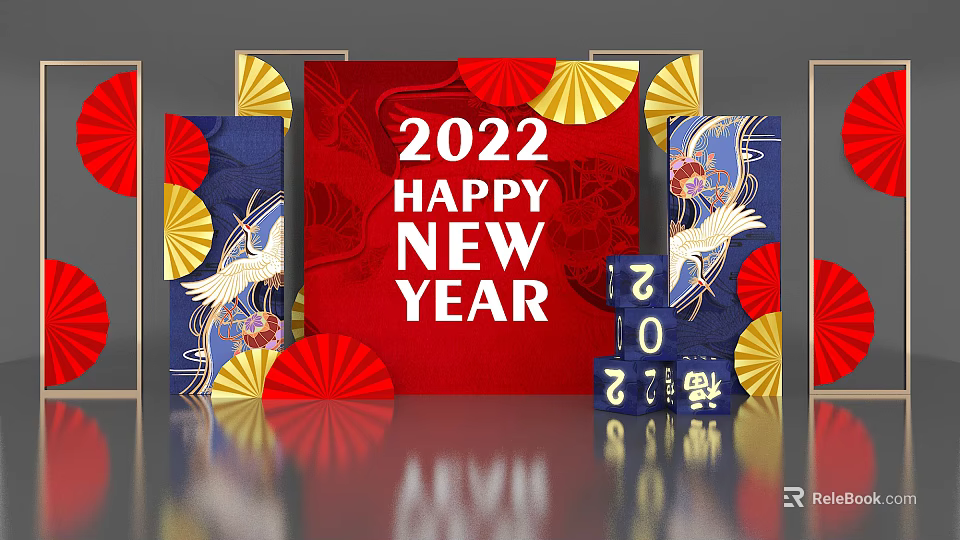 2022 Happy New Year Decorative Scene With Red Background Blue Number Blocks And Crane Patterns 3d model 