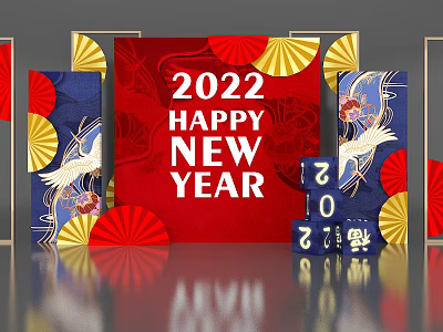 2022 Happy New Year Decorative Scene With Red Background Blue Number Blocks And Crane Patterns 3d model