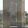 Elegant Front Desk Reception In Modern Lobby With Glass Curtain Walls And Golden Curved Structures
