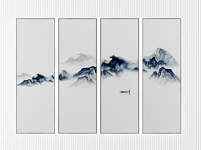 Chinese Ink Style Four Panel Landscape Paintings With Misty Mountains And Clouds 3d model