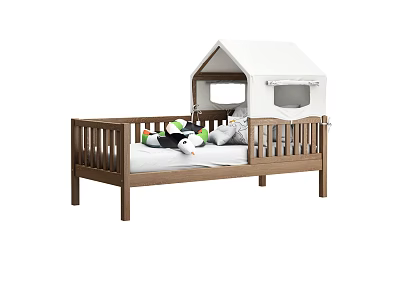 Cozy Wooden Kids Bed With House Shaped Canopy And Stuffed Toys Pillows 3d model