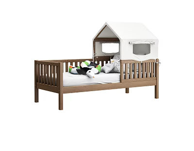 Cozy Wooden Kids Bed With House Shaped Canopy And Stuffed Toys Pillows 3d model