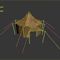 Yellow Canvas Camping Tent With Conical Roof And Support Poles For Outdoor Furniture