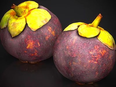 Healthy Fresh Ripe Mangosteen Fruits With Purple Skin And Yellow Calyx 3d model