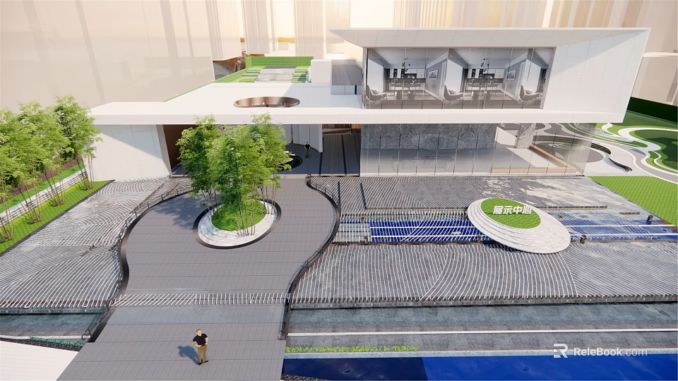 Modern Sales Office Building With Landscaped Gardens Water Features And Circular Green Planters 3d model 