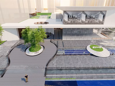 Modern Sales Office Building With Landscaped Gardens Water Features And Circular Green Planters 3d model