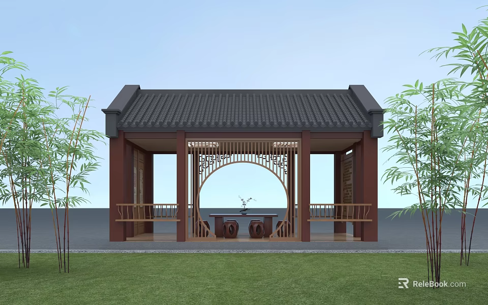 Traditional Chinese Pavilion With Wooden Structure Circular Arch And Bamboo Plants 3d model 