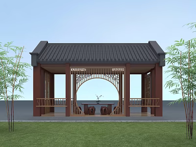 Traditional Chinese Pavilion With Wooden Structure Circular Arch And Bamboo Plants 3d model