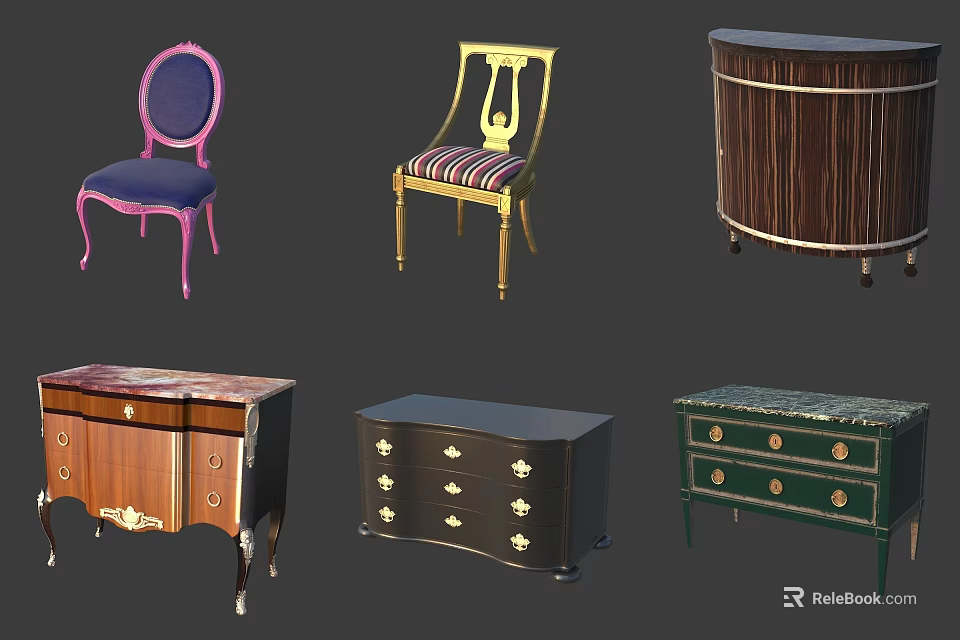 Vintage Storage Cabinets Including Drum Style and Drawer Units with Colorful Designs 3d model 