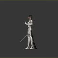 White Armored Female Warrior Character Wielding Dual Swords on Gravel Ground