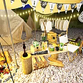 Sunlit Outdoor Interactive Area With Canvas Tent Campfire Setup And Wooden Seating