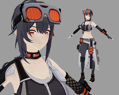 Anime Game Character With Short Black Hair Red Goggles Tactical Gear And Mechanical Elements 3d model
